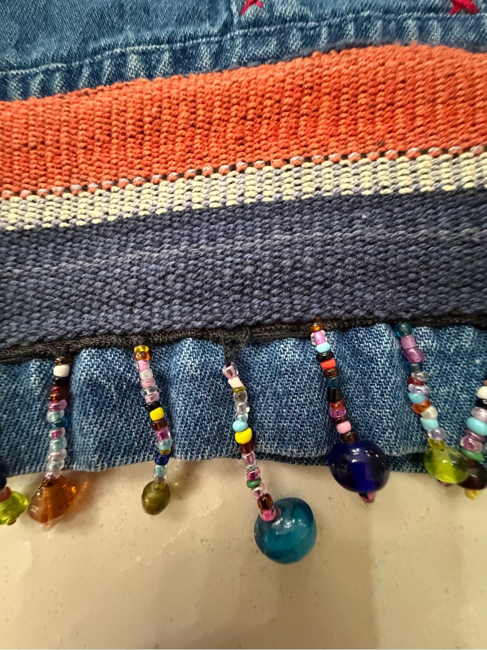 Vintage Southwestern Tantrum Blues Denim Beaded Vest w/ Multicolor Aztec Yoke PL - Picture 5 of 16